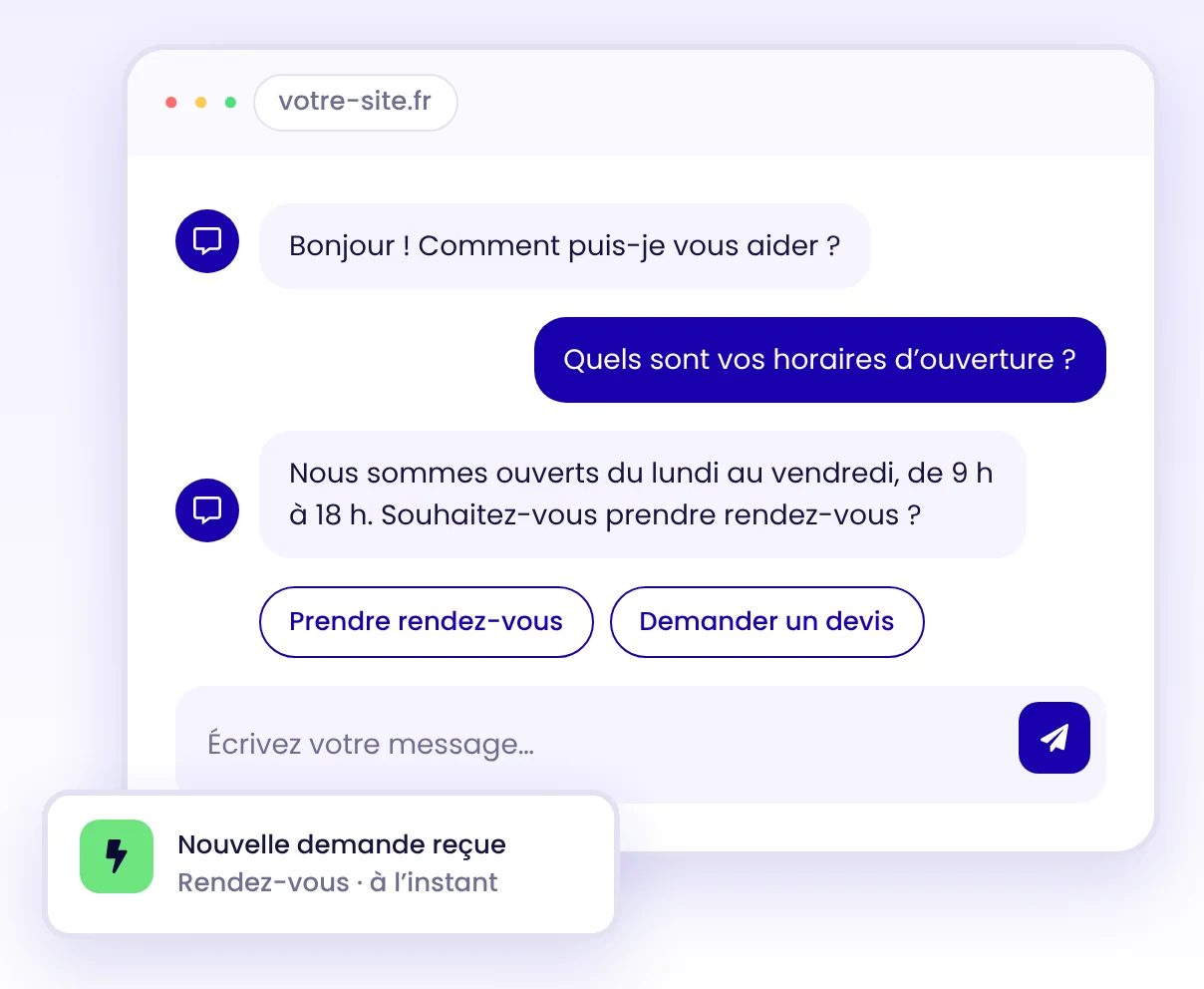 Le chatbot Anao répond à un visiteur sur les horaires d'ouverture et lui propose un rendez-vous